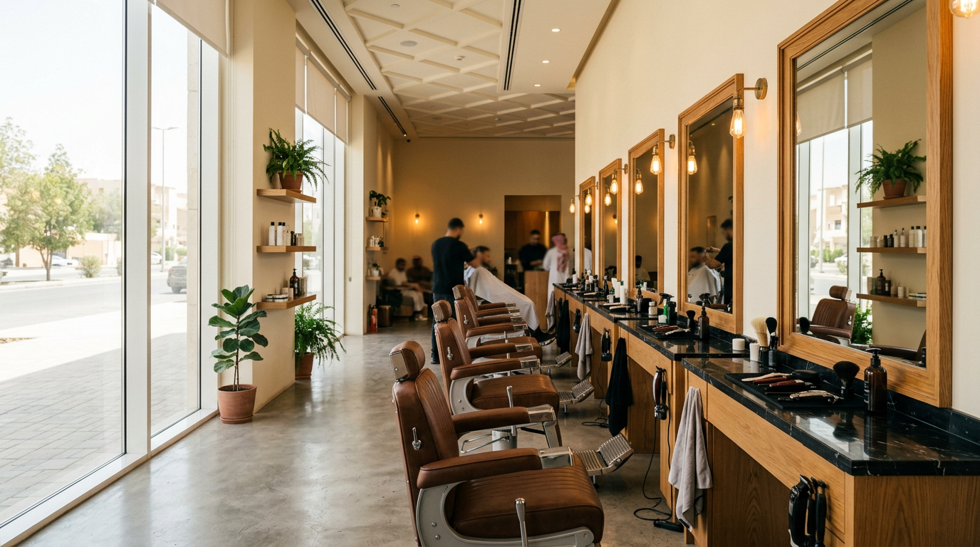 Barber chairs lined up along a mirror inside a modern barbershop