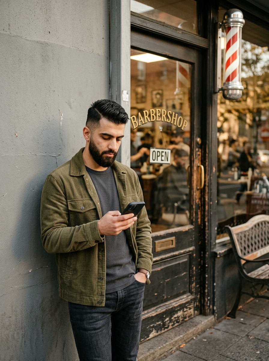 A customer stands outside a barbershop looking at his phone